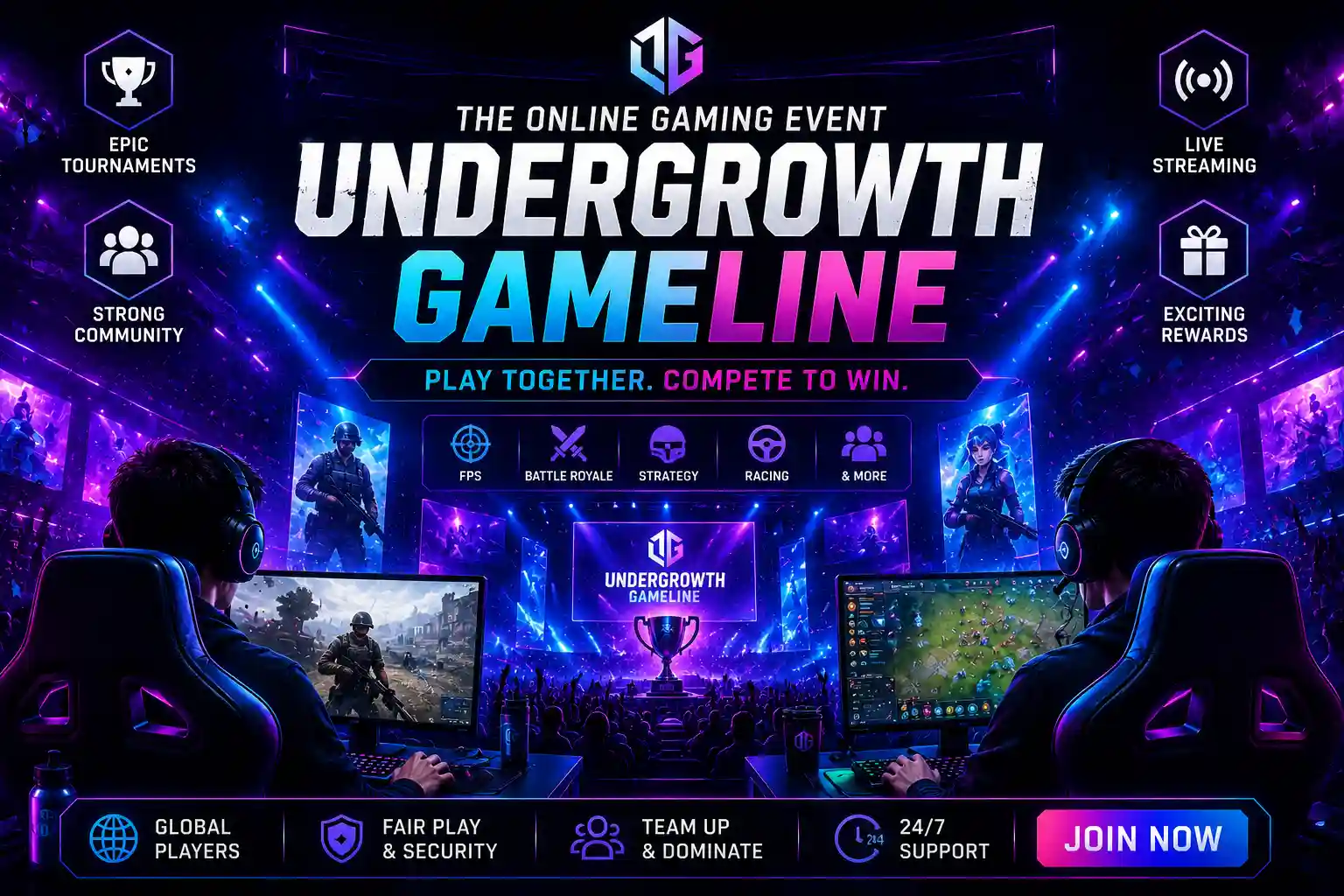Professional gamers competing in the online gaming event UndergrowthGameLine futuristic esports tournament