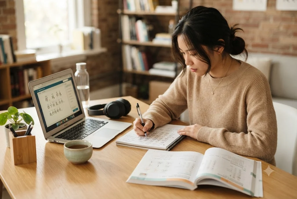 Student studying with chinese language learning books and Mandarin learning materials