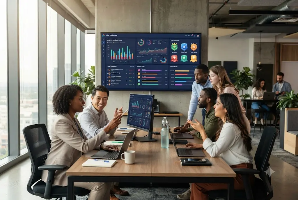 CRM gamification dashboard showing rewards, achievements, and customer engagement metrics