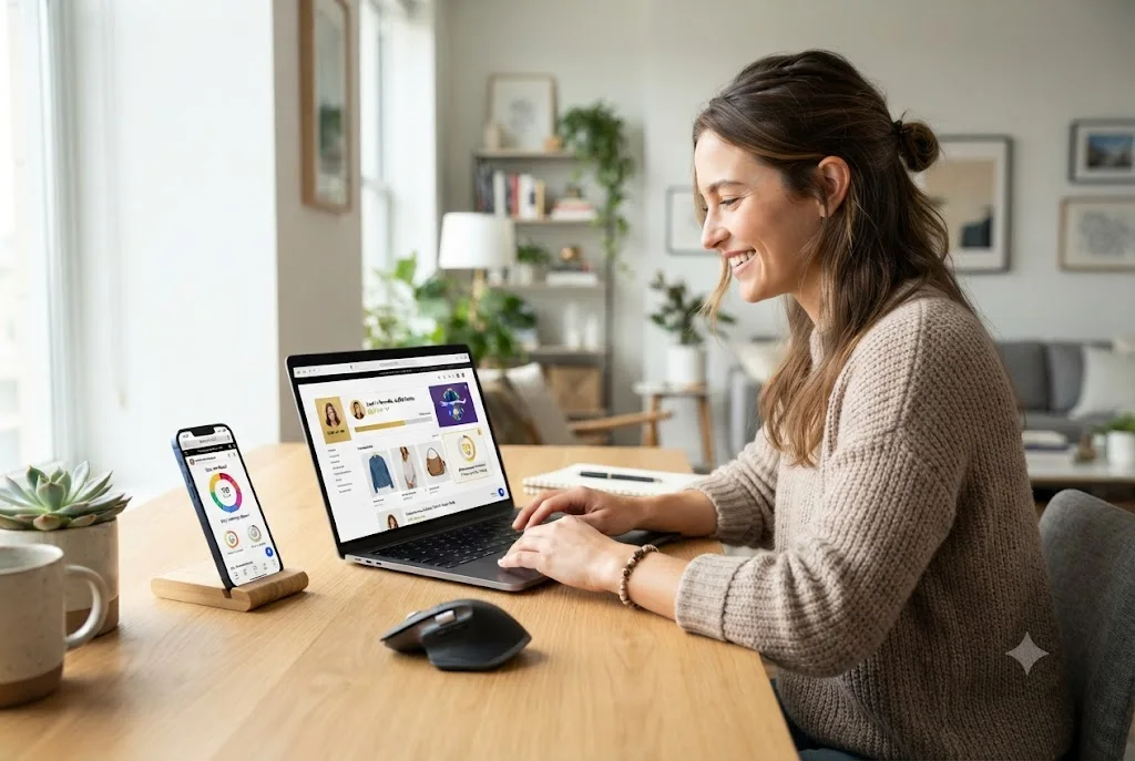 Customer using ecommerce gamification with loyalty rewards, shopping achievements, and personalized offers.
