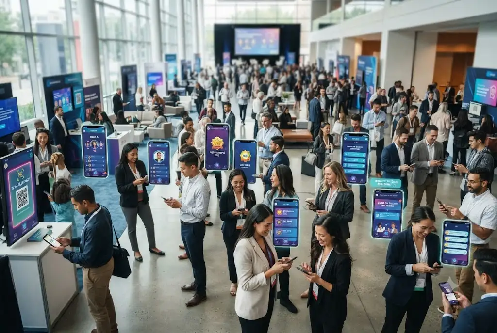 Professionals participating in event gamification using a mobile event app with challenges, rewards, and networking activities.