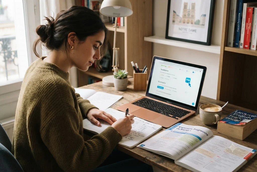 Student using french language learning resources to study French at home