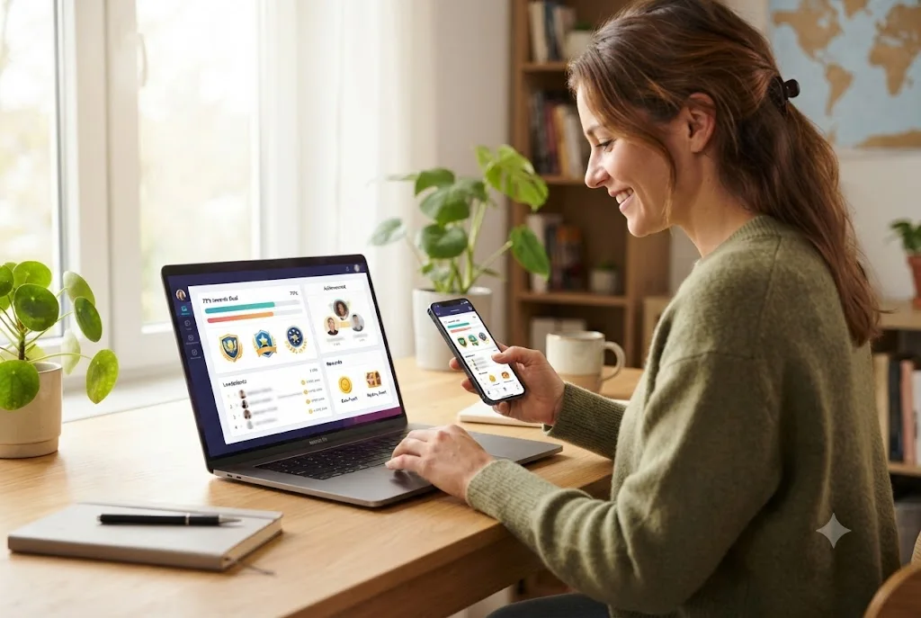 gamification customer engagement interface with rewards and progress tracking