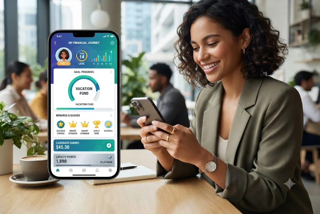 Customer using gamification in banking through a mobile banking app with rewards and financial milestones.