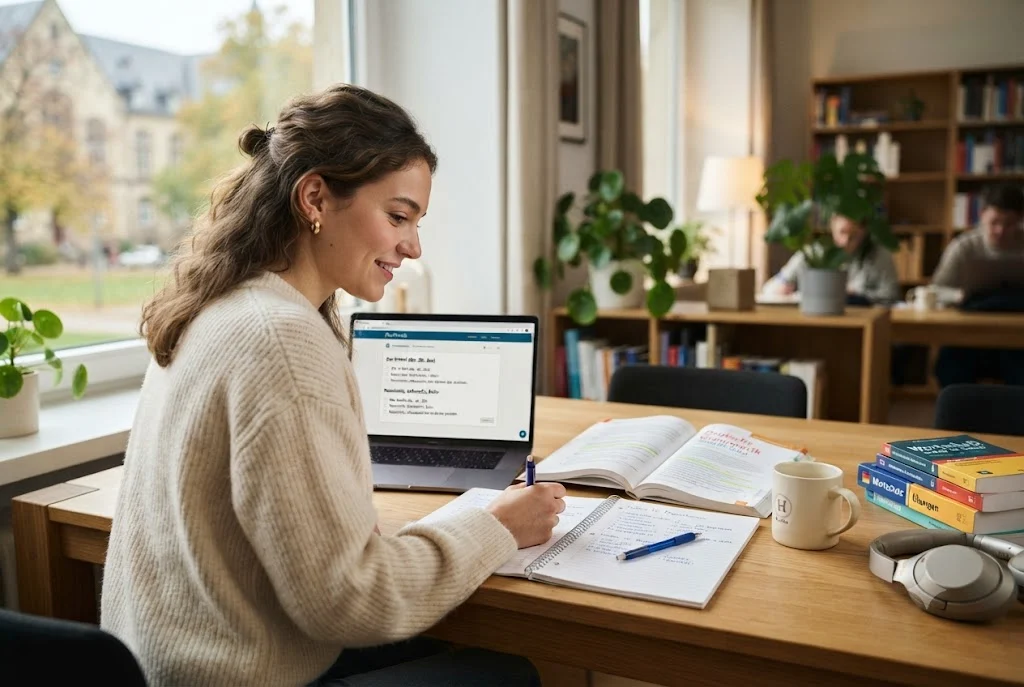 Student studying is german a hard language to learn using books and online lessons