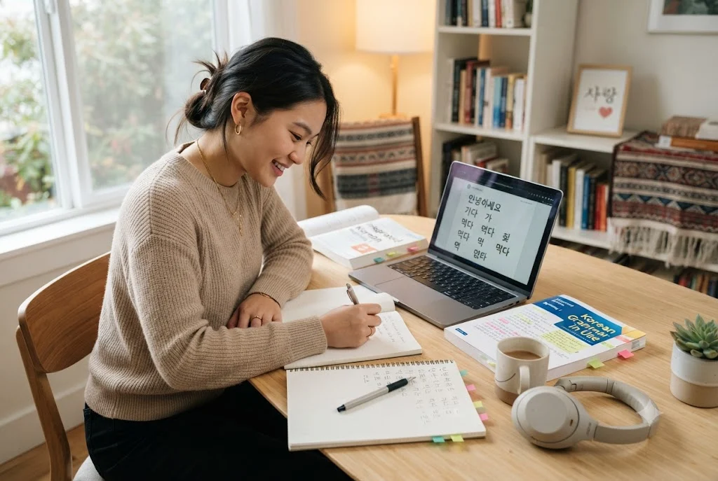 Student using korean language learning resources to study Hangul and Korean vocabulary