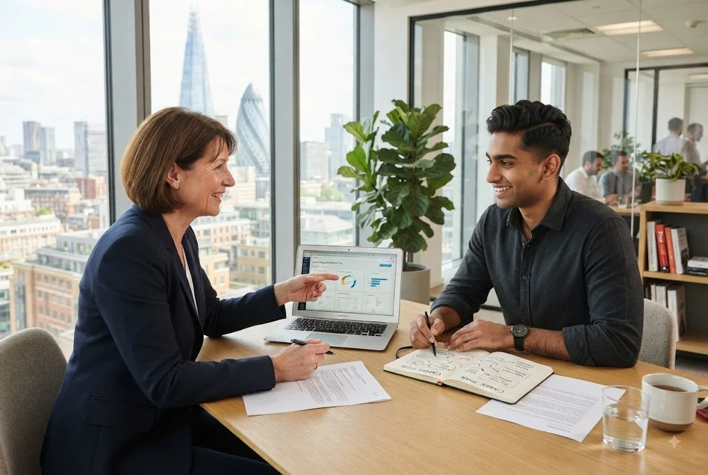 Career development coach helping a professional plan career goals