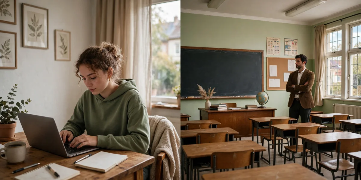 Side-by-side view of online learning at home and classroom learning