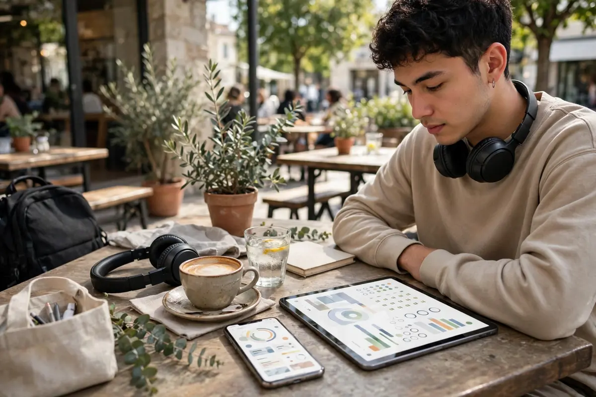 Student using microlearning on a tablet and phone during a short study break