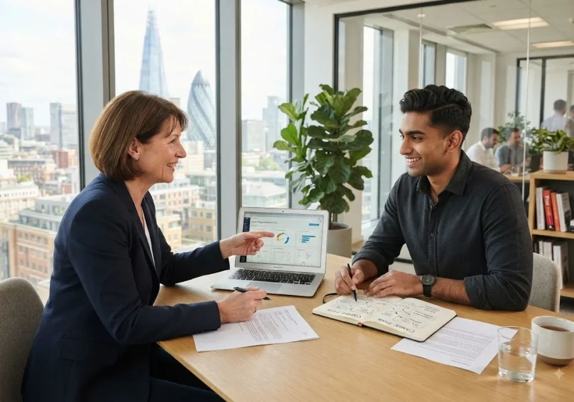 Career development coach helping a professional plan career goals