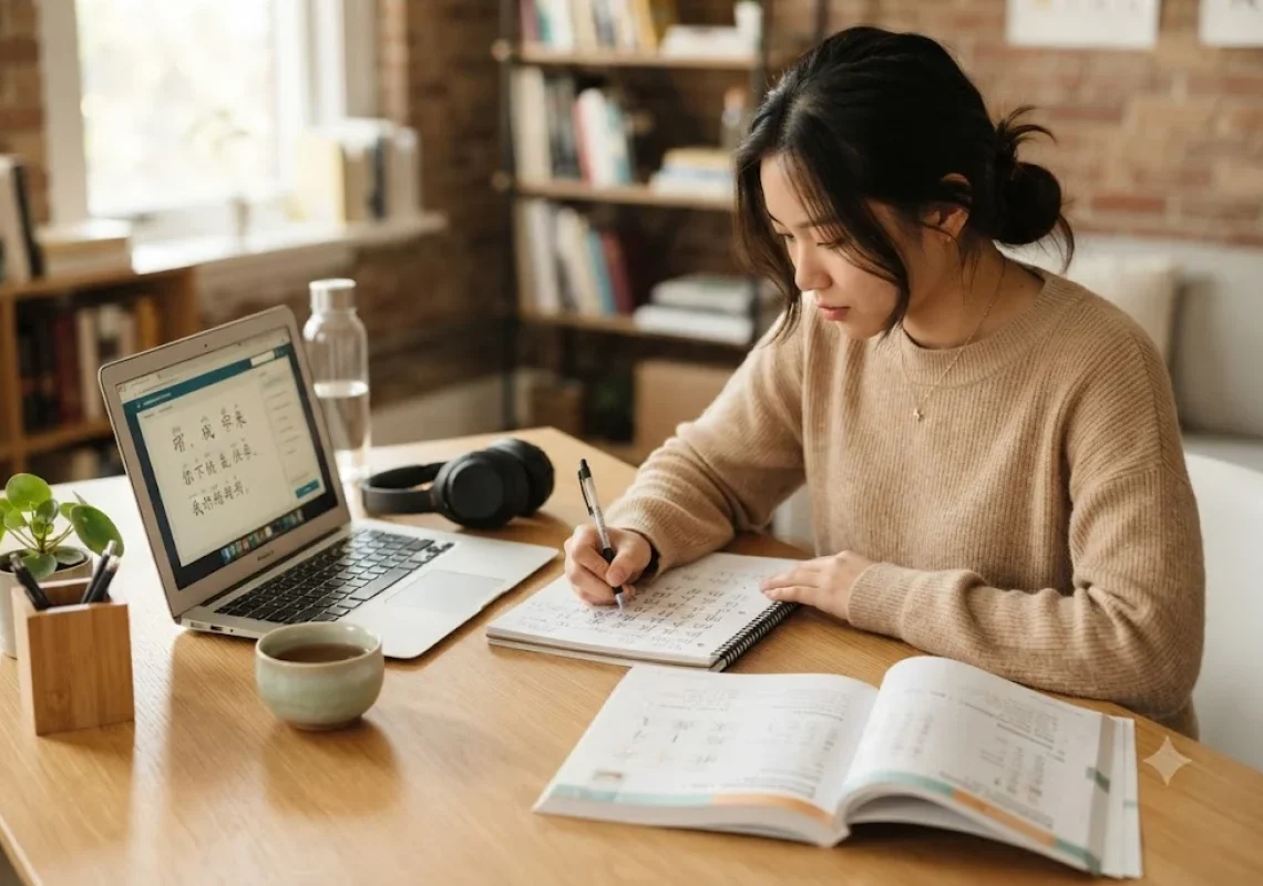 Student studying with chinese language learning books and Mandarin learning materials