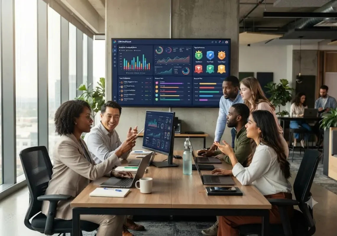 CRM gamification dashboard showing rewards, achievements, and customer engagement metrics