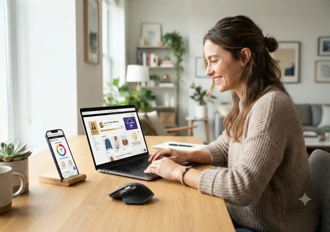 Customer using ecommerce gamification with loyalty rewards, shopping achievements, and personalized offers.