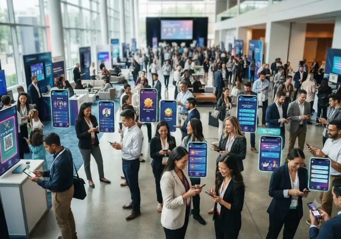 Professionals participating in event gamification using a mobile event app with challenges, rewards, and networking activities.