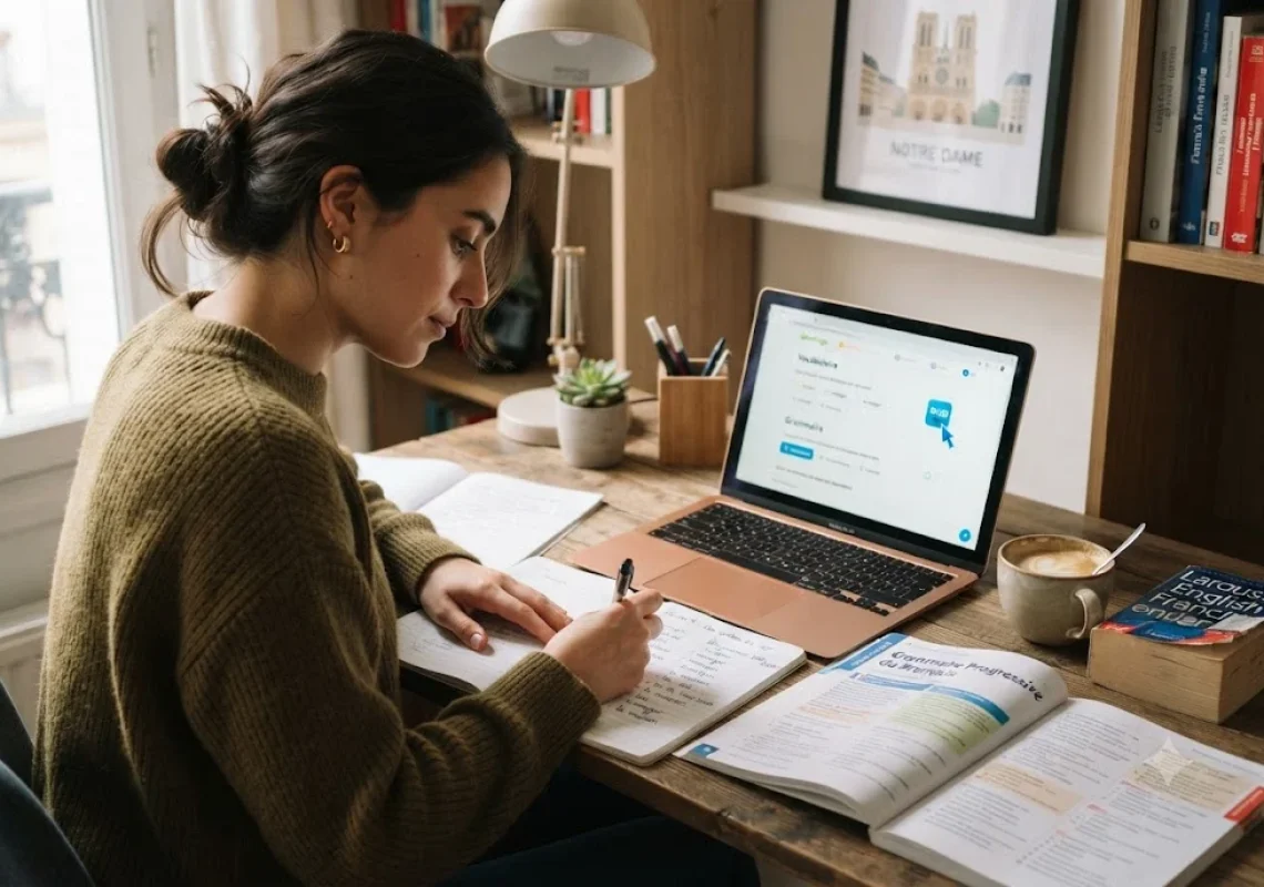 Student using french language learning resources to study French at home
