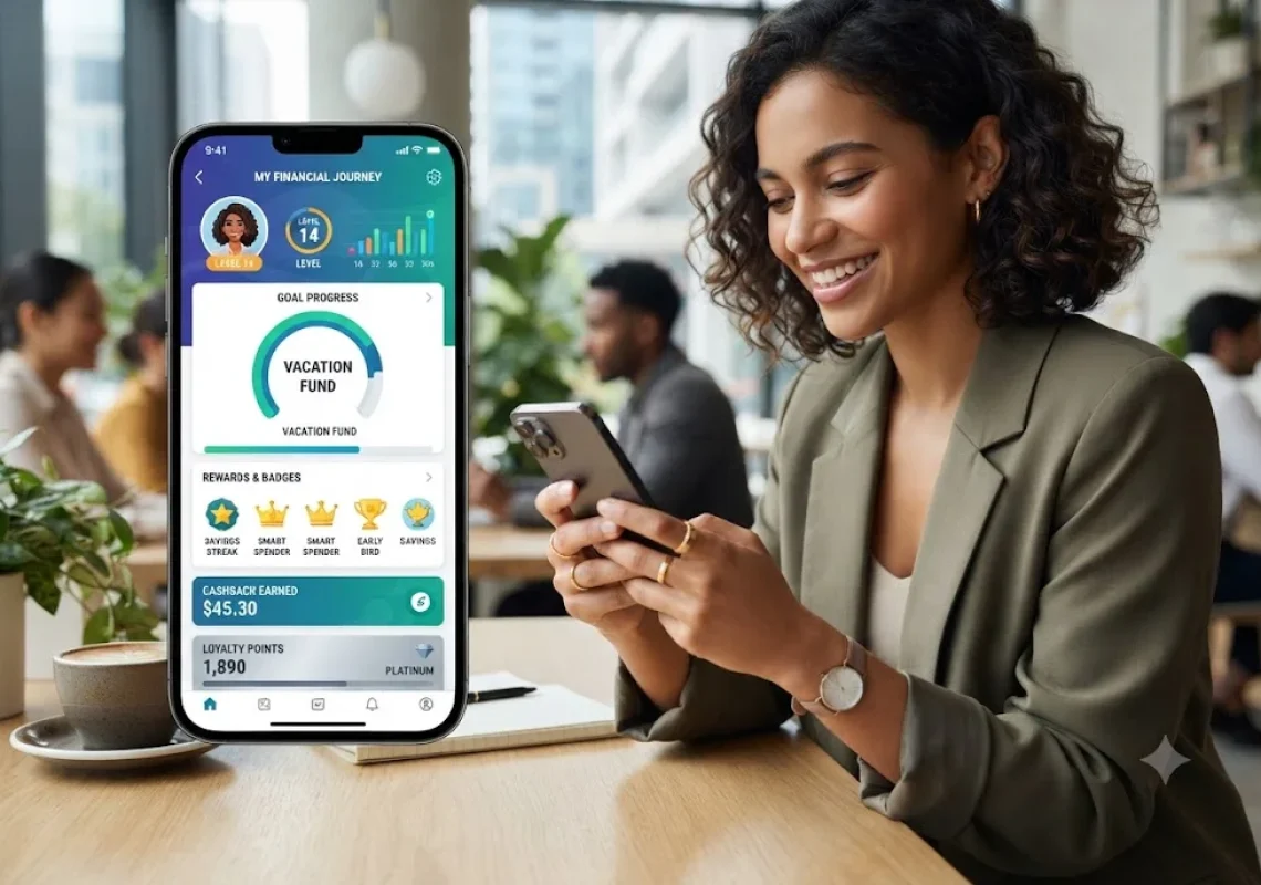Customer using gamification in banking through a mobile banking app with rewards and financial milestones.