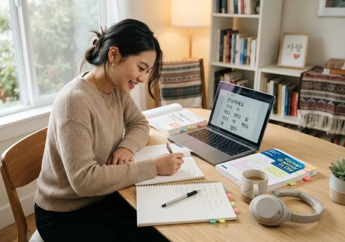 Student using korean language learning resources to study Hangul and Korean vocabulary