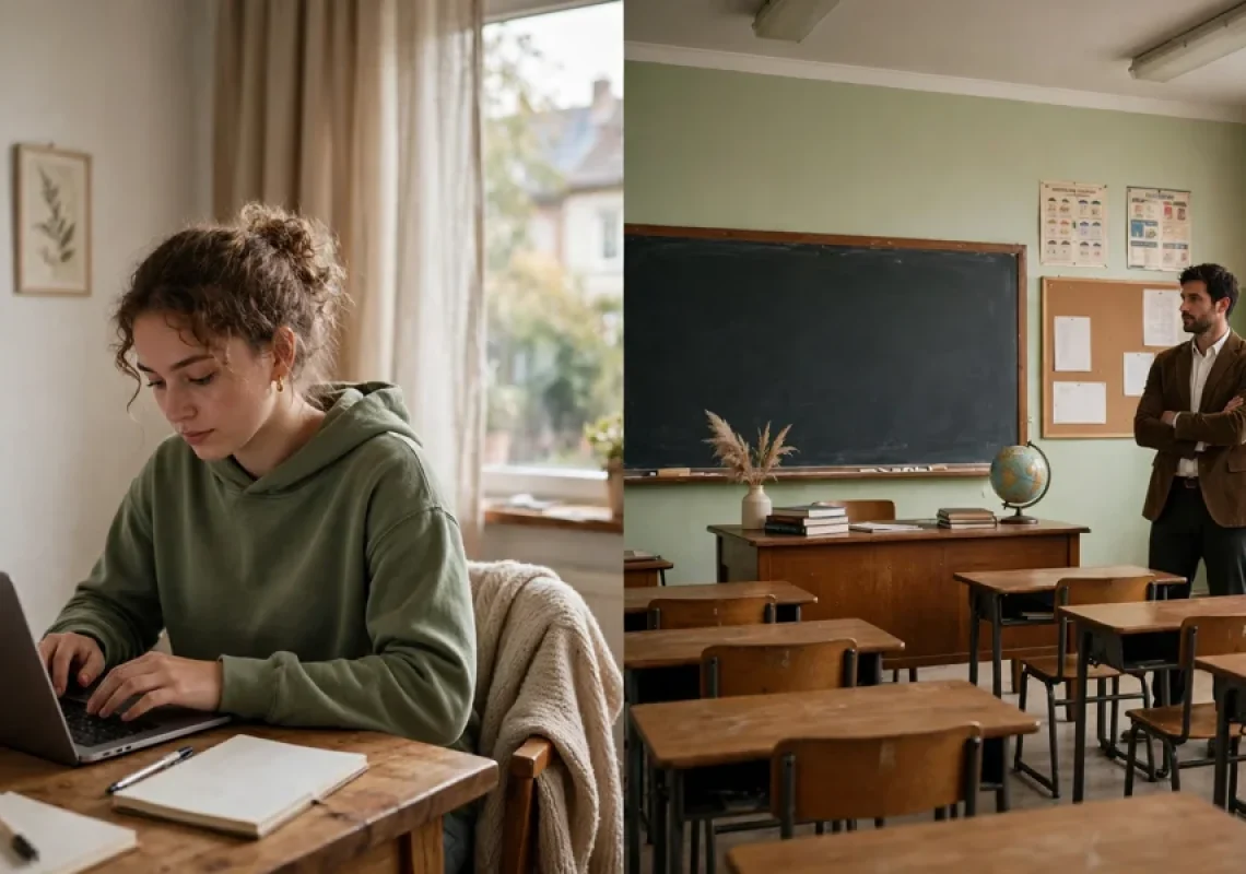 Side-by-side view of online learning at home and classroom learning