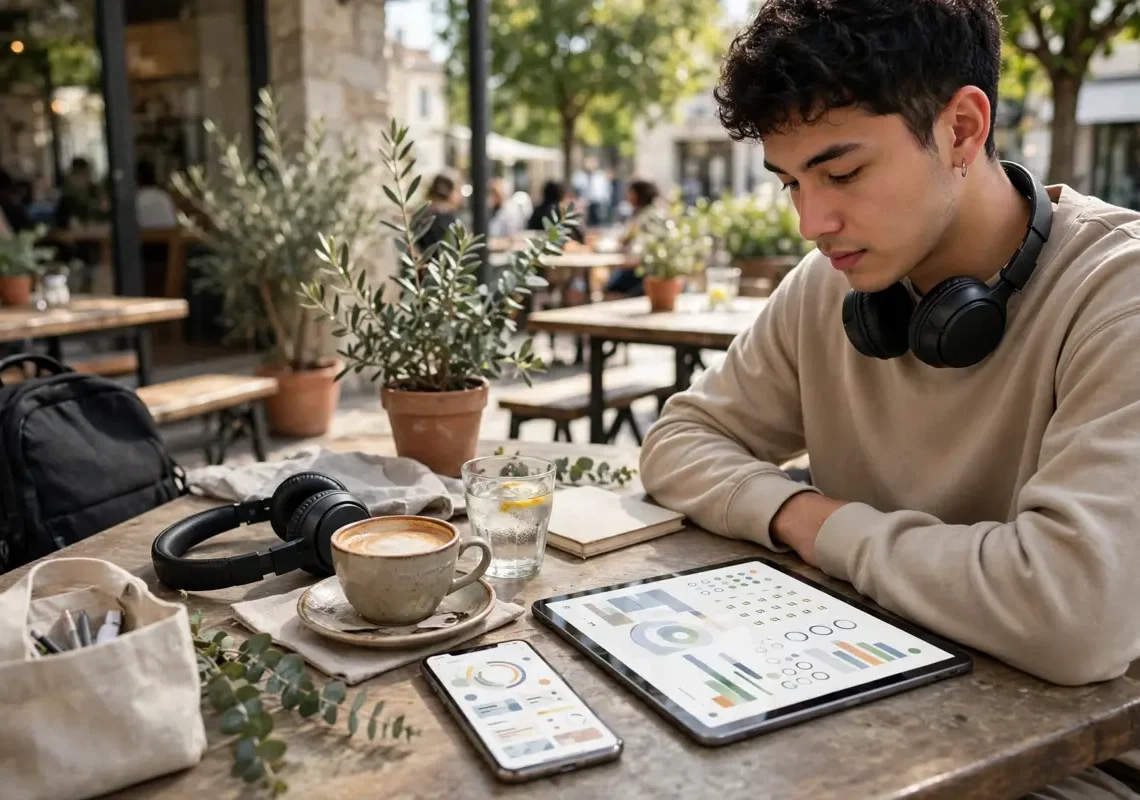Student using microlearning on a tablet and phone during a short study break